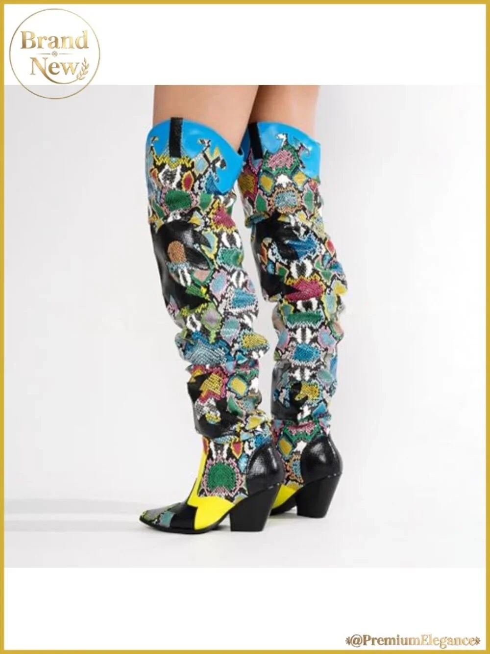 Faux Snakeskin Thigh High Western Boots Chunky Heel Pointed Toe